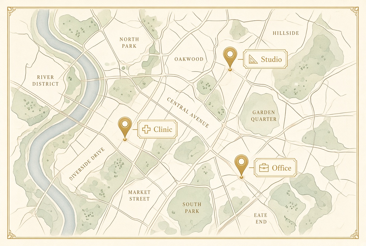Схема района с отметками компаний в контуре Google Maps
